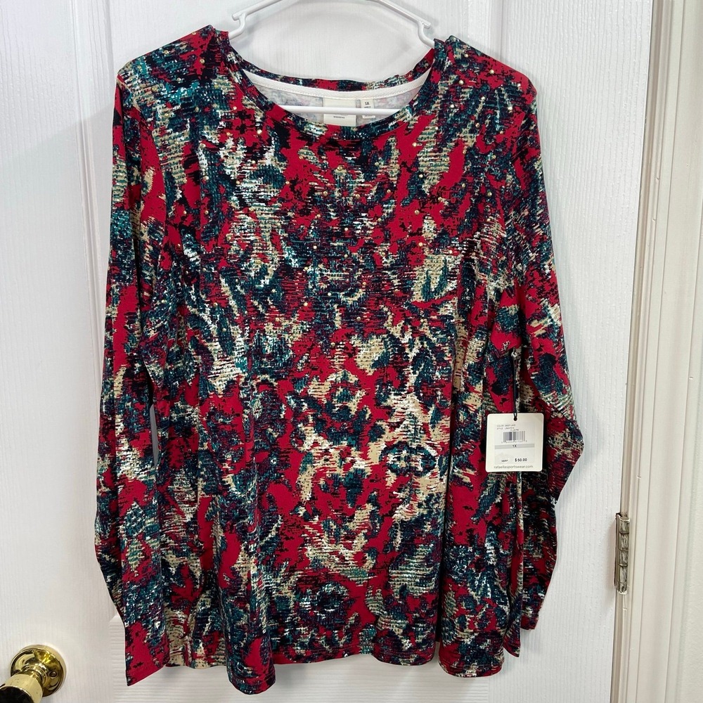 NEW Rafaella Weekend red jeweled Crewcut cotton stretch long sleeve casual shirt